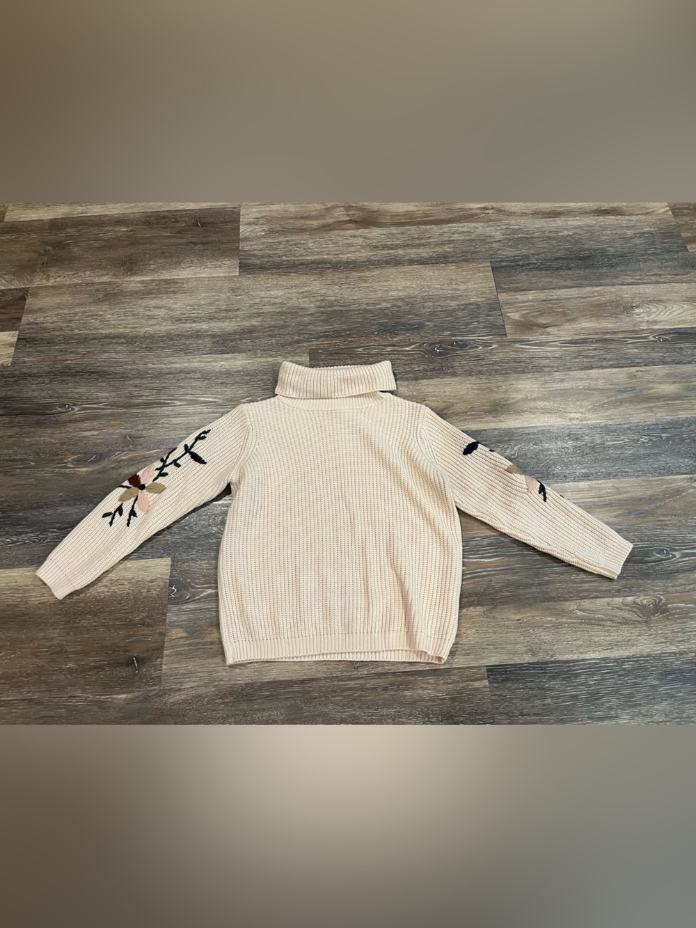 Turtleneck Ribbed Sweater with Embroidered Sleeves - Cream